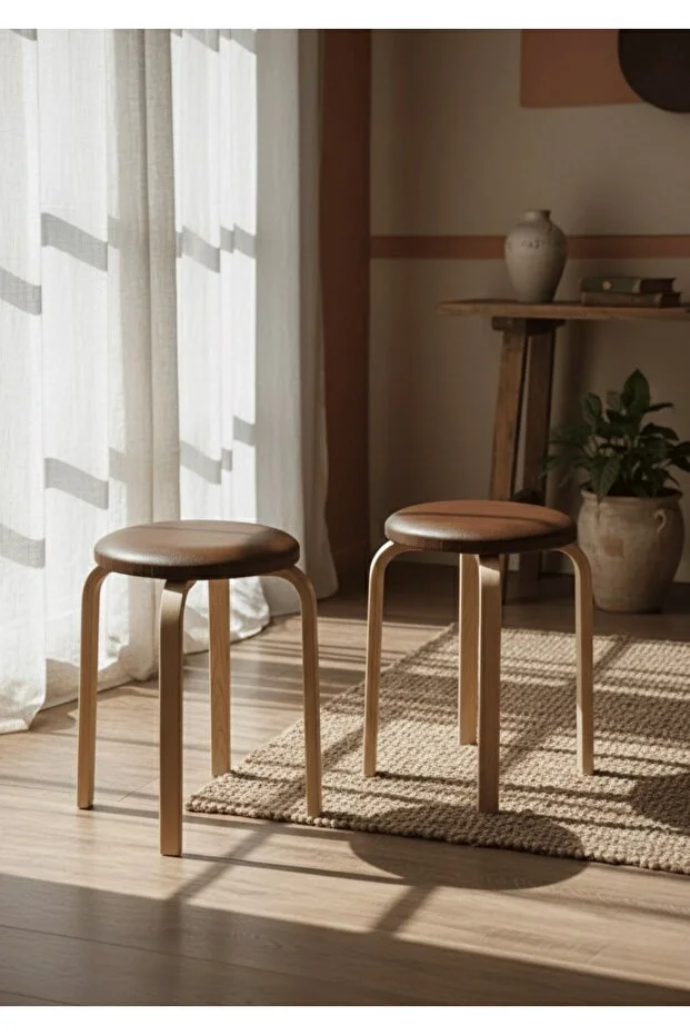  Hazar Deri Tabure, Papel Ayaklı 2 Adet Açık Kahve